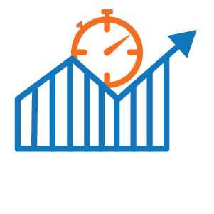 bar graph with arrow on top and clock
