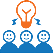 3 people icons with lightning bolts and lightbulb