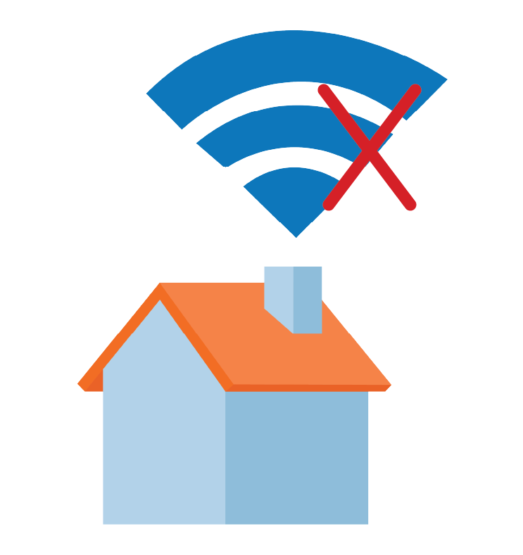 house with wifi coming from chimney and an X