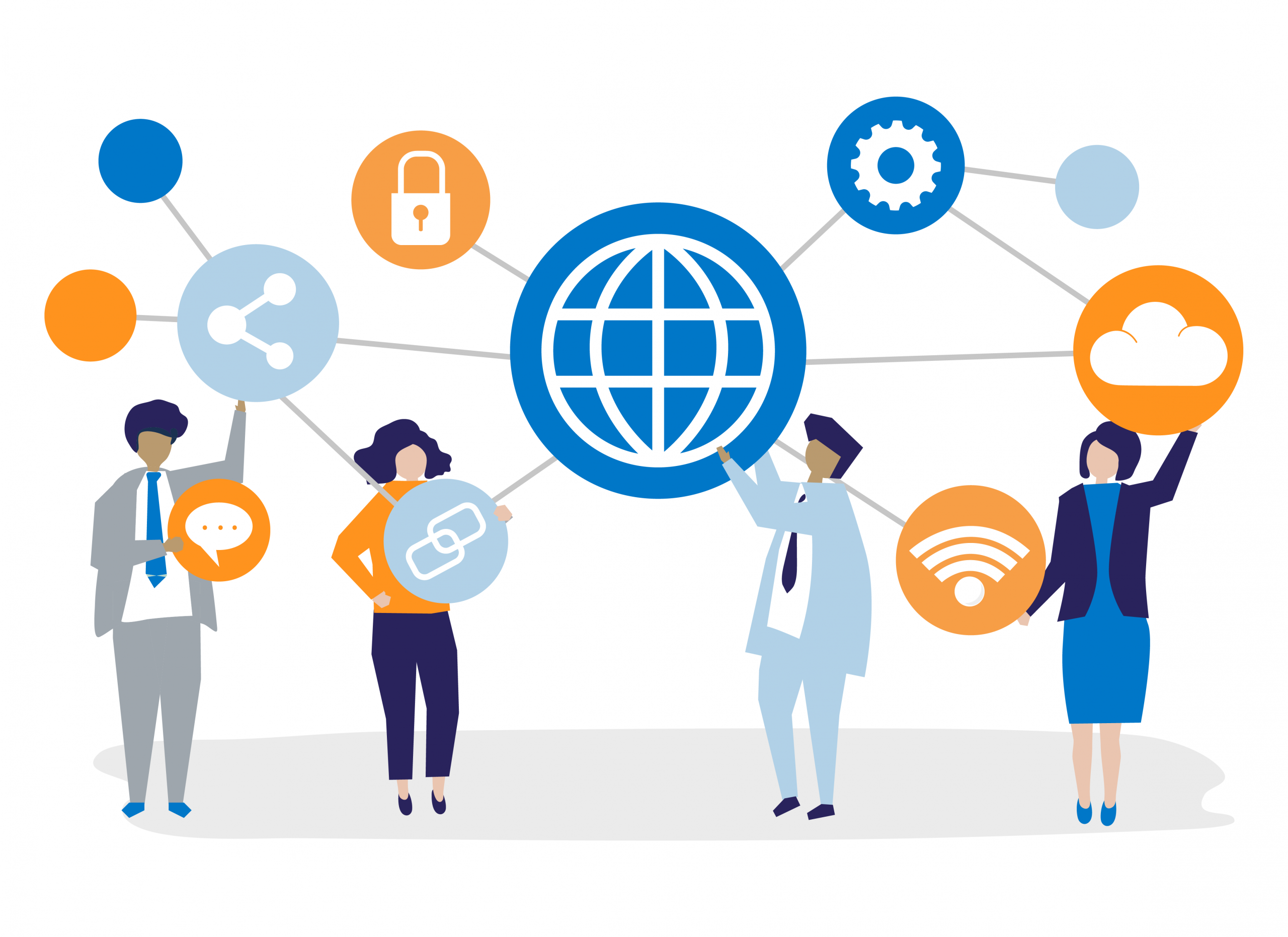 workers holding bubbles with different wifi related symbols that are all connected