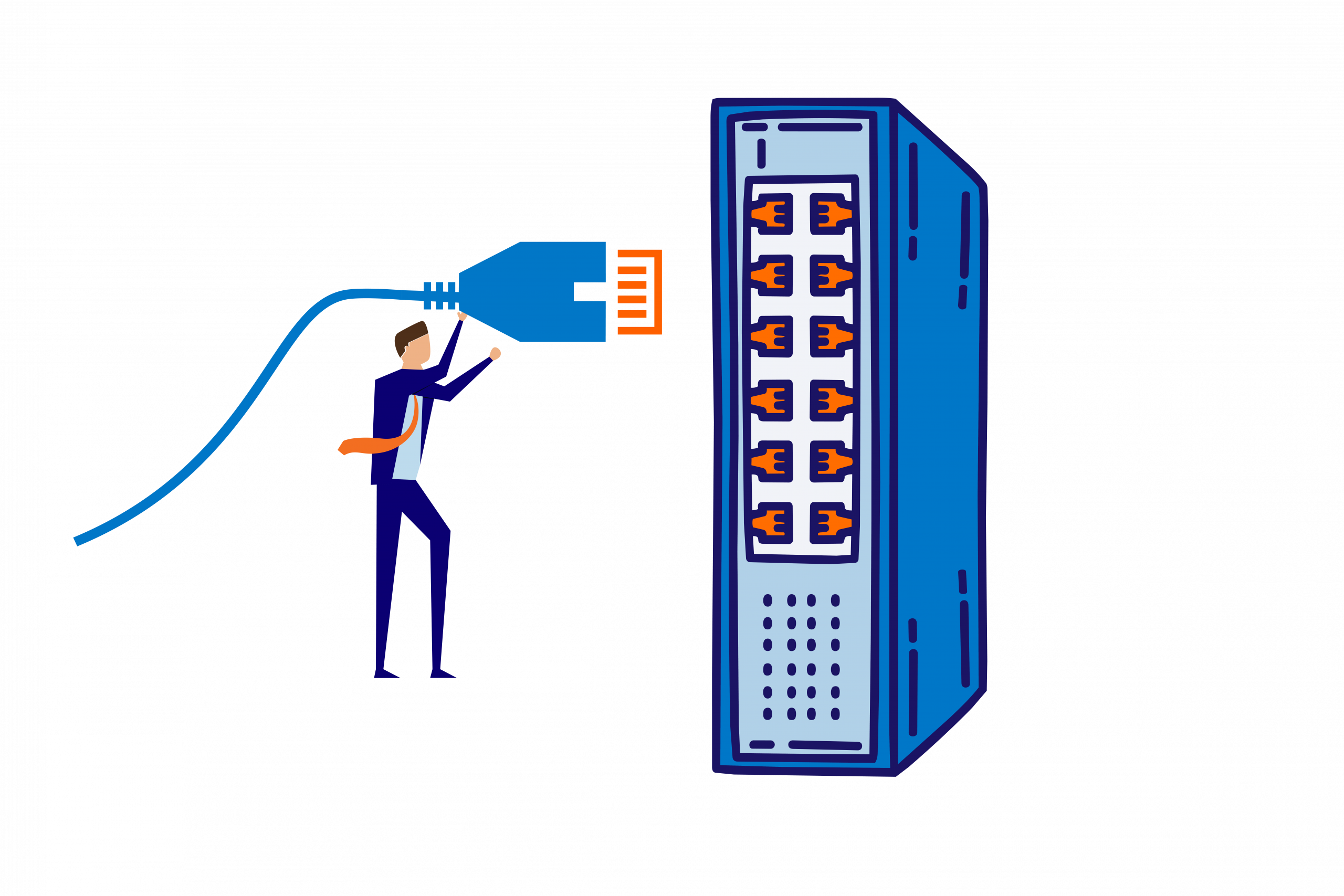 man holding an ethernet cord and walking towards the connecting box