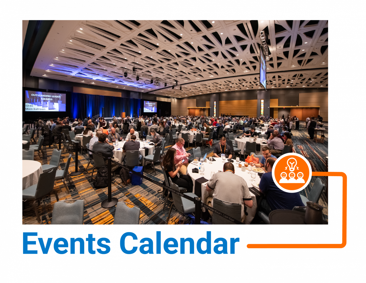 Aerial photo of the conference ballroom with attendees sitting at their tables, with the caption, 'Events Calendar'