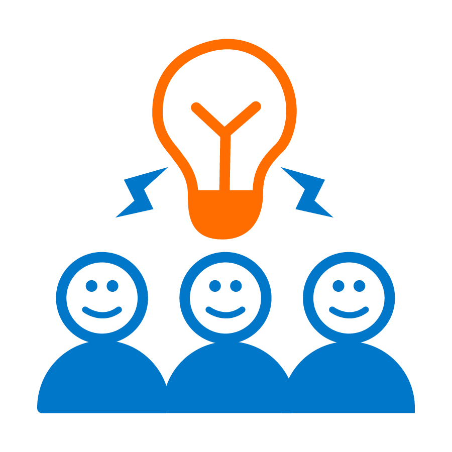 3 people icons with 2 lightning bolts and 1 lightbulb