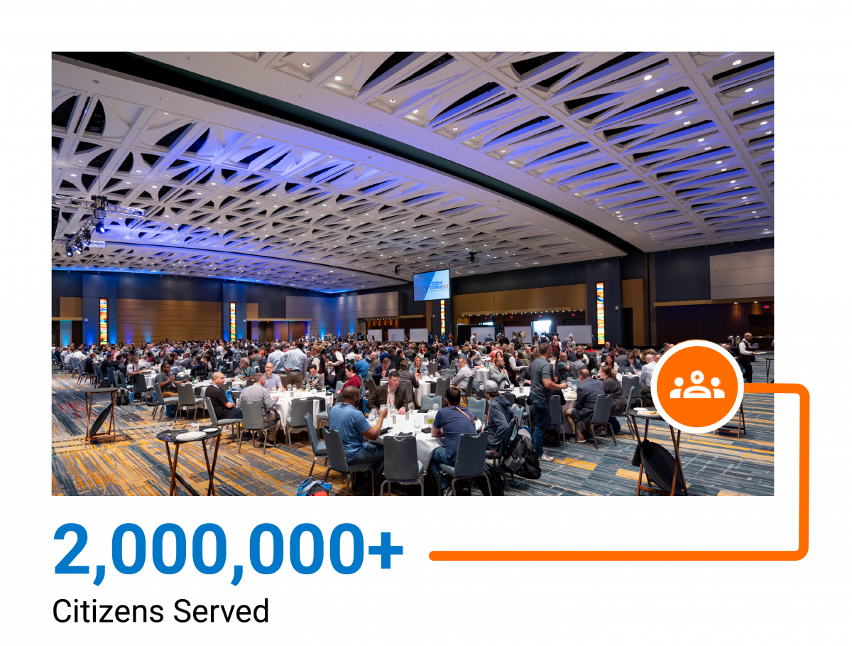 CEN Conference ballroom with people sitting at their tables with the caption, '2,000,000+ citizens served'