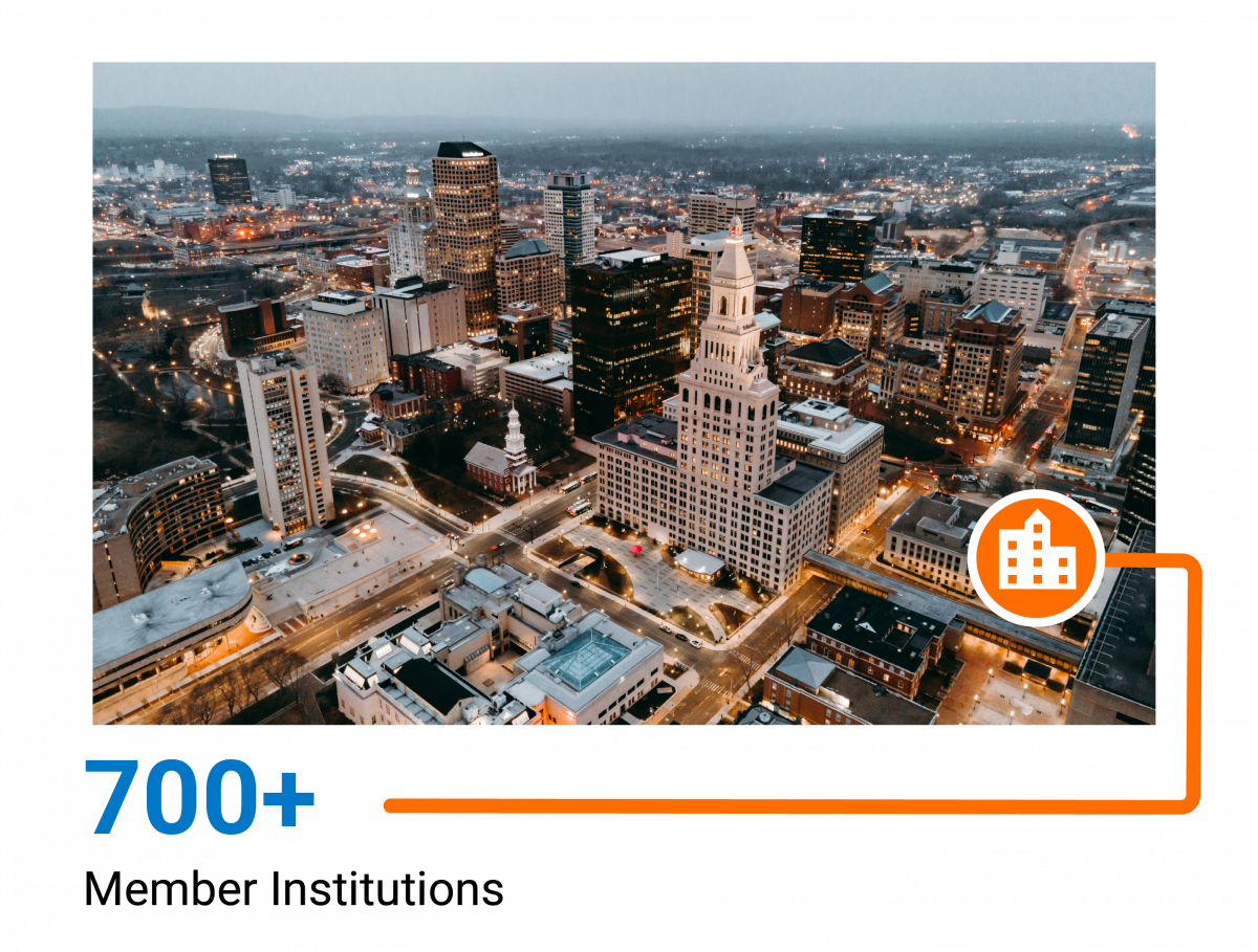 photo of Hartford, Connecticut skyline with the caption, '700+ member institutions'