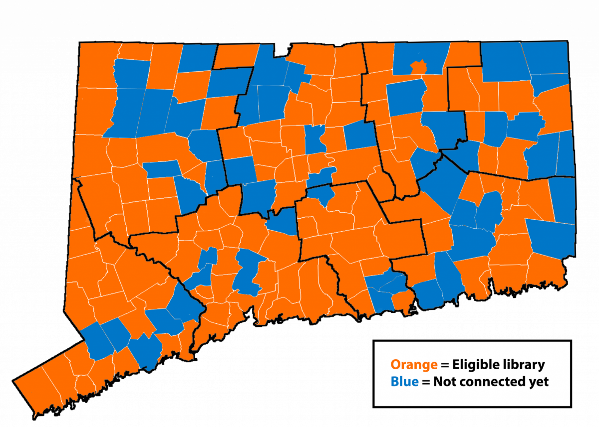 Fiber to the Library Internal Connections map of Connecticut highlighting towns as orange showing that they are eligible libraries for the program