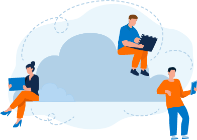 cloud connect graphic with three people sitting on the cloud on their technology